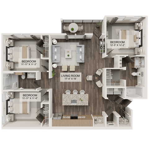 Floor plan for 3 beds, 2 baths, 1369 sqft